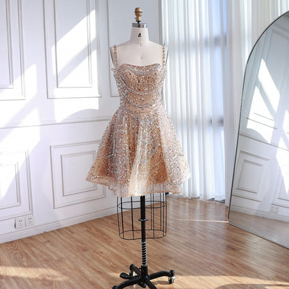 Luxury Nude Crystal A-Line Short Sparkly Cocktail Party Dress LA72983