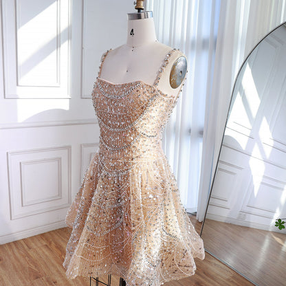 Luxury Nude Crystal A-Line Short Sparkly Cocktail Party Dress LA72983