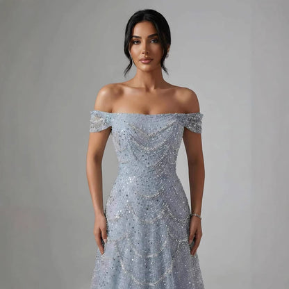 Luxury Nude Off Shoulder Beaded A-Line Evening Dress LA72983C