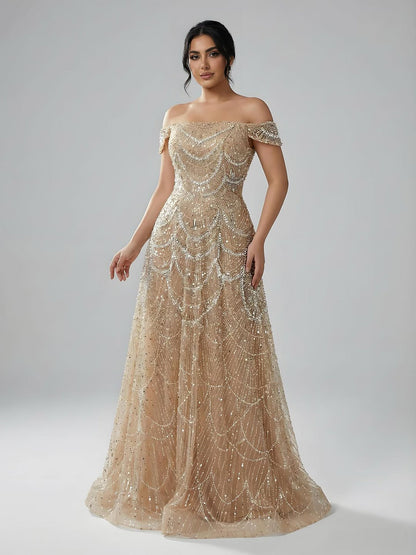 Luxury Nude Off Shoulder Beaded A-Line Evening Dress LA72983C