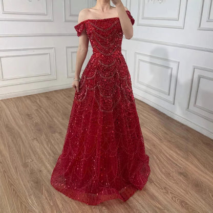 Luxury Nude Off Shoulder Beaded A-Line Evening Dress LA72983C