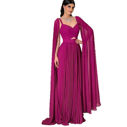 Luxury Fuchsia Chiffon Evening Dress with Cape Sleeves LA73021