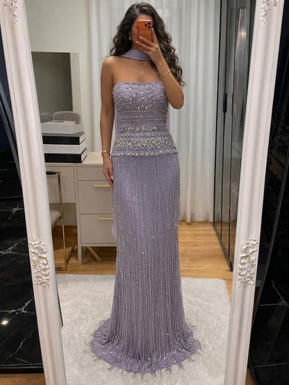Lilac Crystal Beaded Tassel Strapless Column Evening Dress LA73044B
