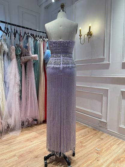 Lilac Crystal Beaded Tassel Strapless Column Evening Dress LA73044B