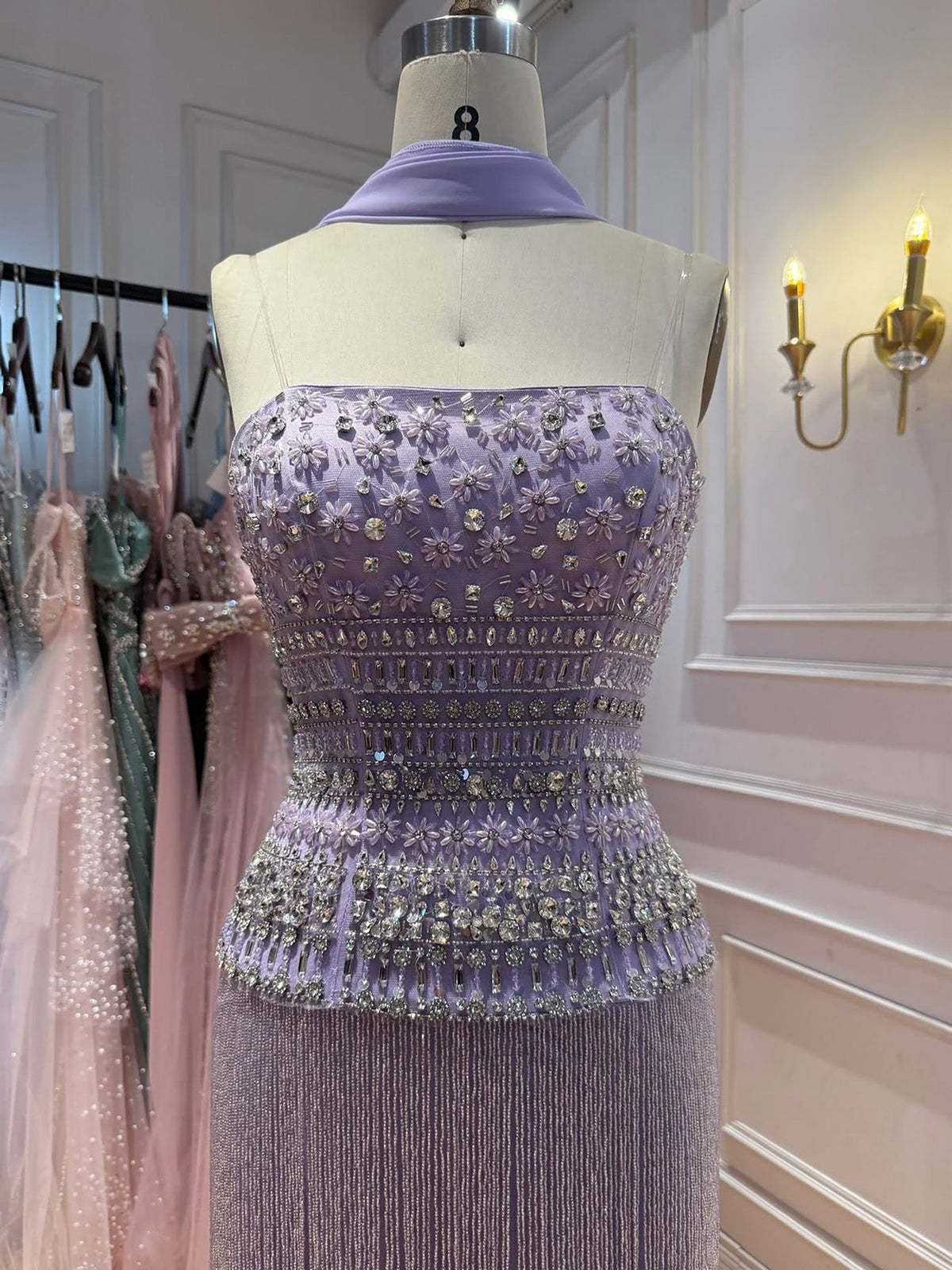Lilac Crystal Beaded Tassel Strapless Column Evening Dress LA73044B