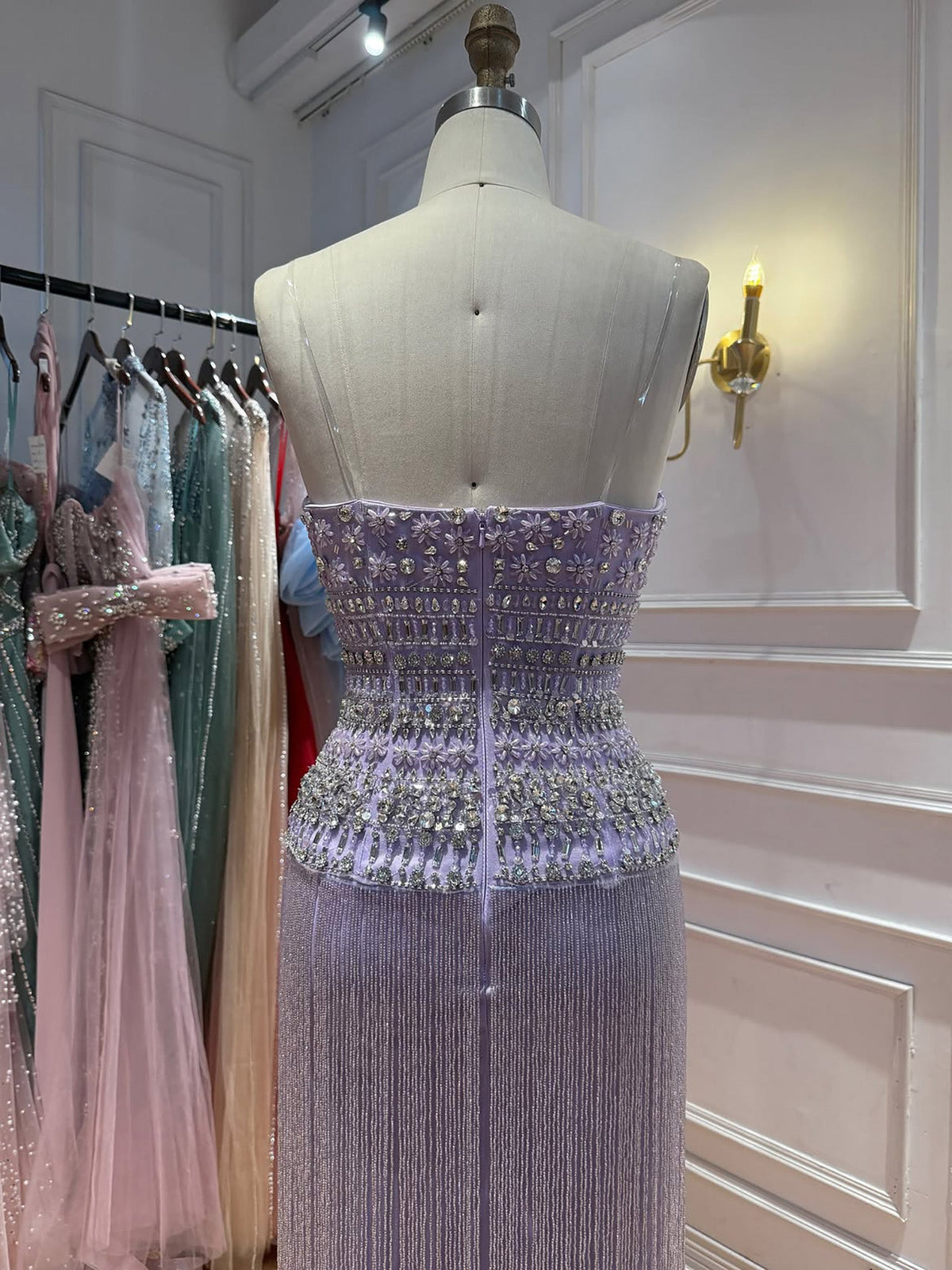 Lilac Crystal Beaded Tassel Strapless Column Evening Dress LA73044B