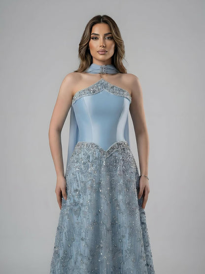 Luxury Arabic Blue Strapless Beaded A-Line Evening Dress with Scarf LA73050F