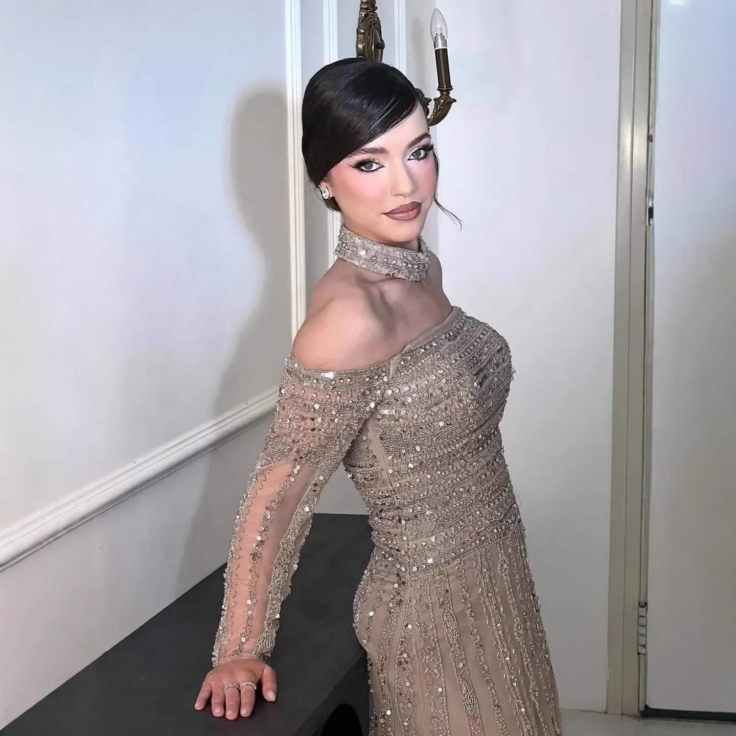 Caramel Off Shoulder Beaded Mermaid Evening Dress Long Sleeves LA73053