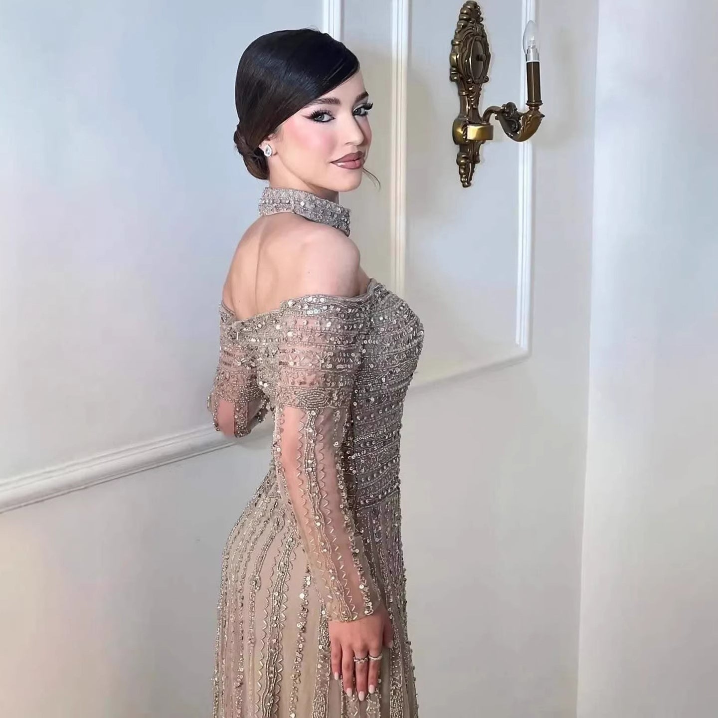 Caramel Off Shoulder Beaded Mermaid Evening Dress Long Sleeves LA73053