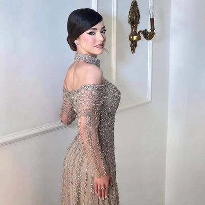 Caramel Off Shoulder Beaded Mermaid Evening Dress Long Sleeves LA73053