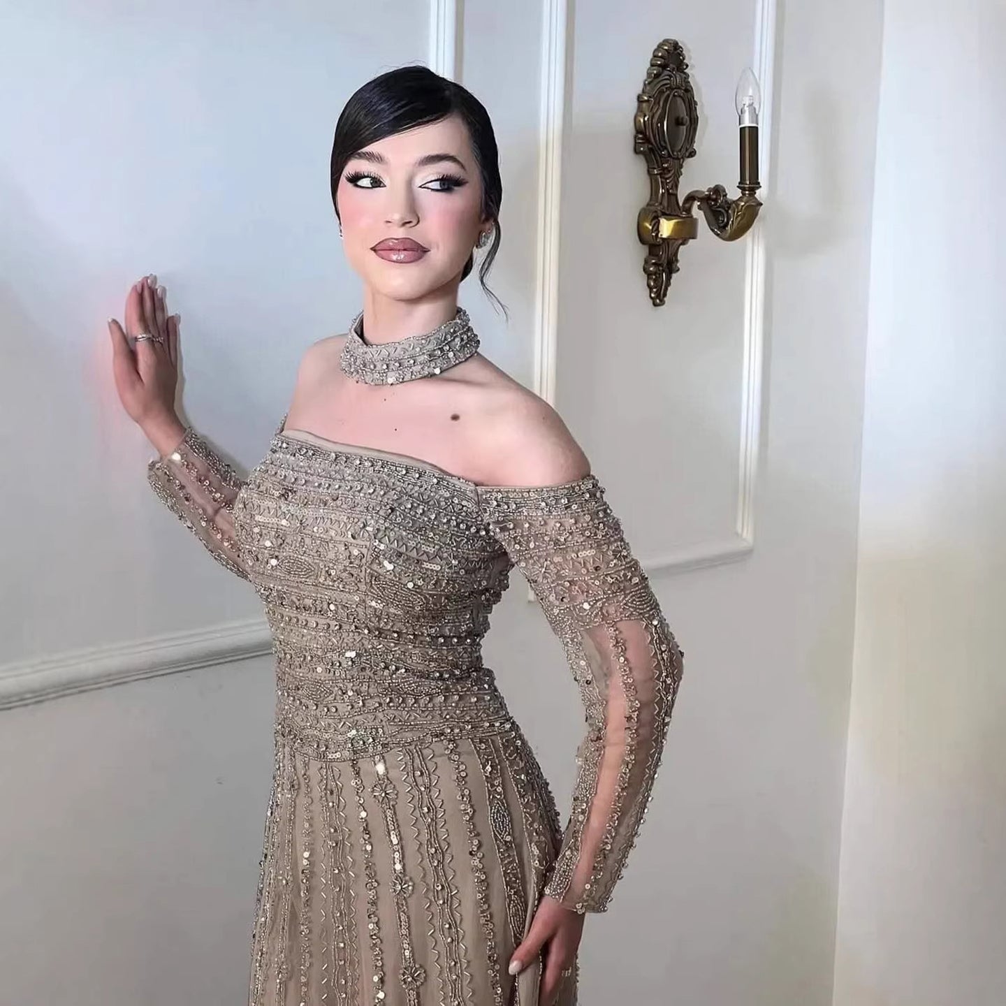 Caramel Off Shoulder Beaded Mermaid Evening Dress Long Sleeves LA73053