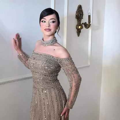 Caramel Off Shoulder Beaded Mermaid Evening Dress Long Sleeves LA73053