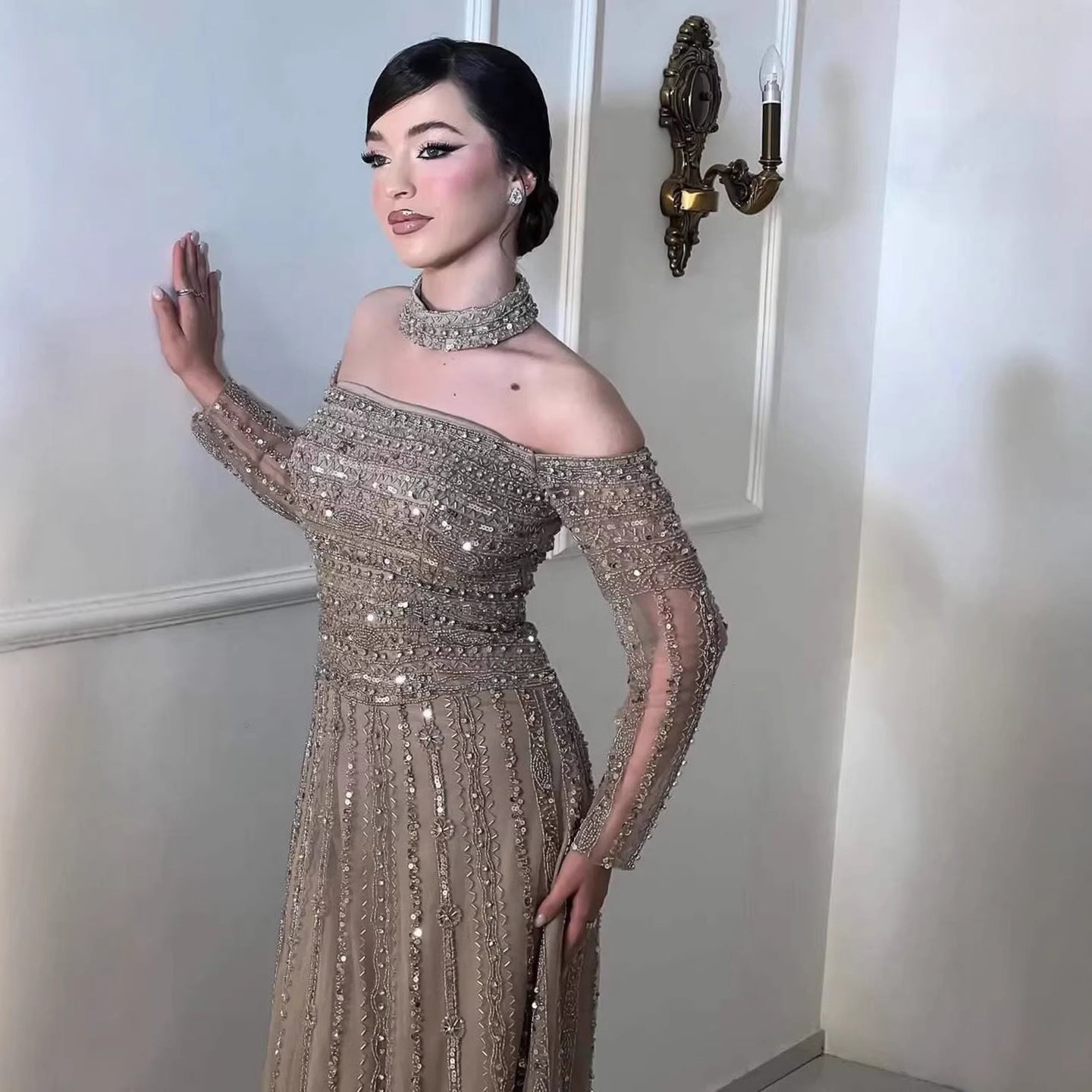 Caramel Off Shoulder Beaded Mermaid Evening Dress Long Sleeves LA73053