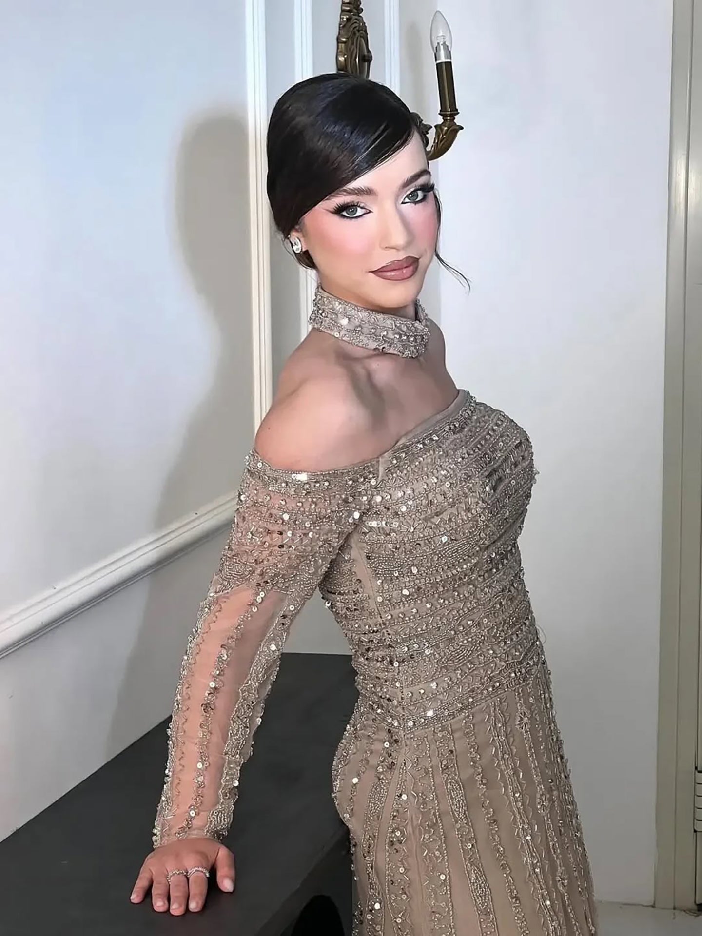 Caramel Off Shoulder Beaded Mermaid Evening Dress Long Sleeves LA73053