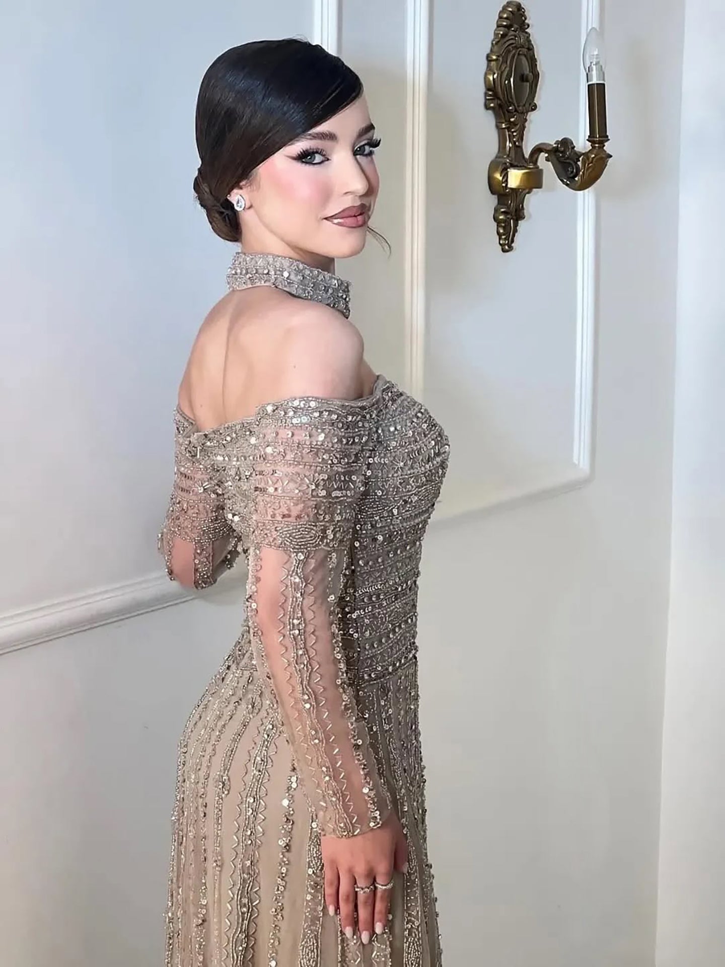 Caramel Off Shoulder Beaded Mermaid Evening Dress Long Sleeves LA73053