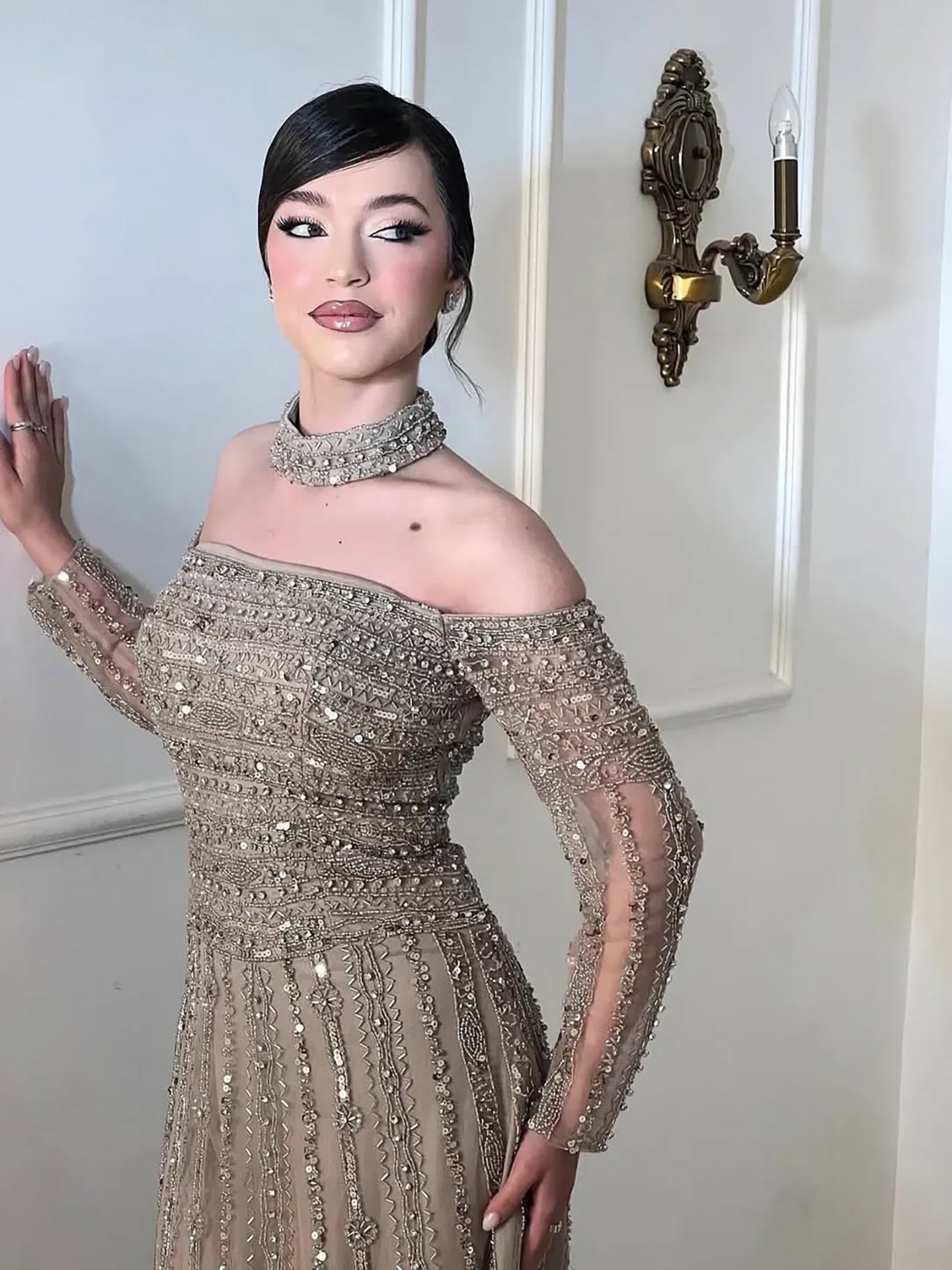 Caramel Off Shoulder Beaded Mermaid Evening Dress Long Sleeves LA73053