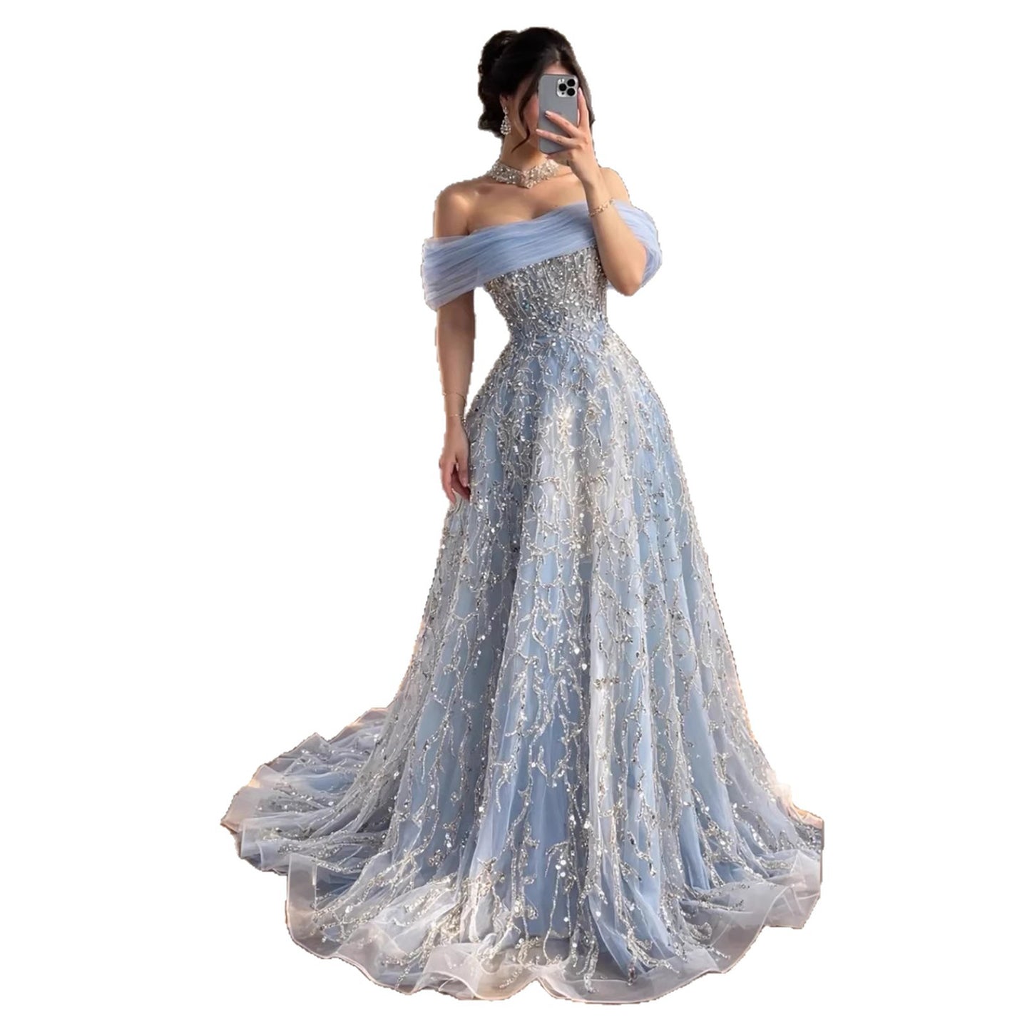 Luxury Silver Gray Turkish Crystal Beaded Evening Dress LA73062A