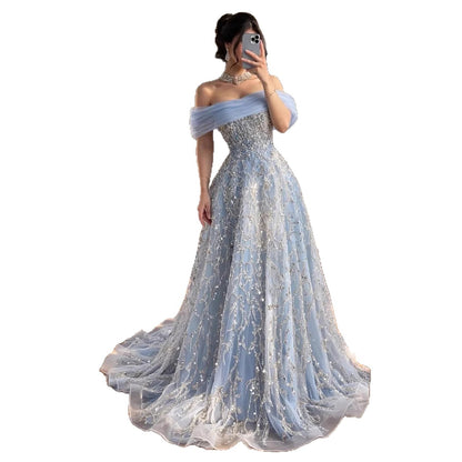 Luxury Silver Gray Turkish Crystal Beaded Evening Dress LA73062A