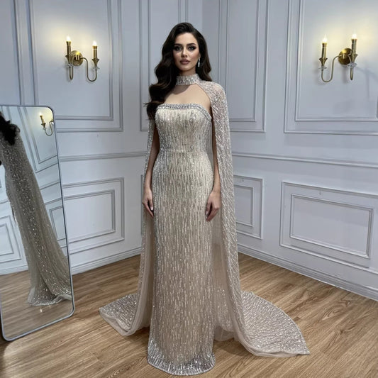 Luxury Nude Beaded Evening Dress With Cape LA73076B