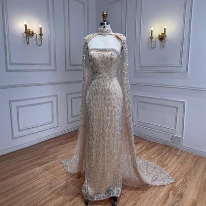 Luxury Cream Beaded Evening Dress With Cape LA73076B
