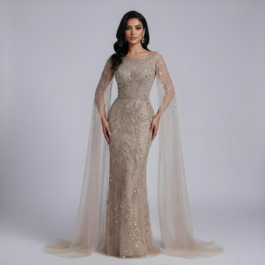 Luxury Caramel Beaded Evening Dress with Cape Sleeves LA73078