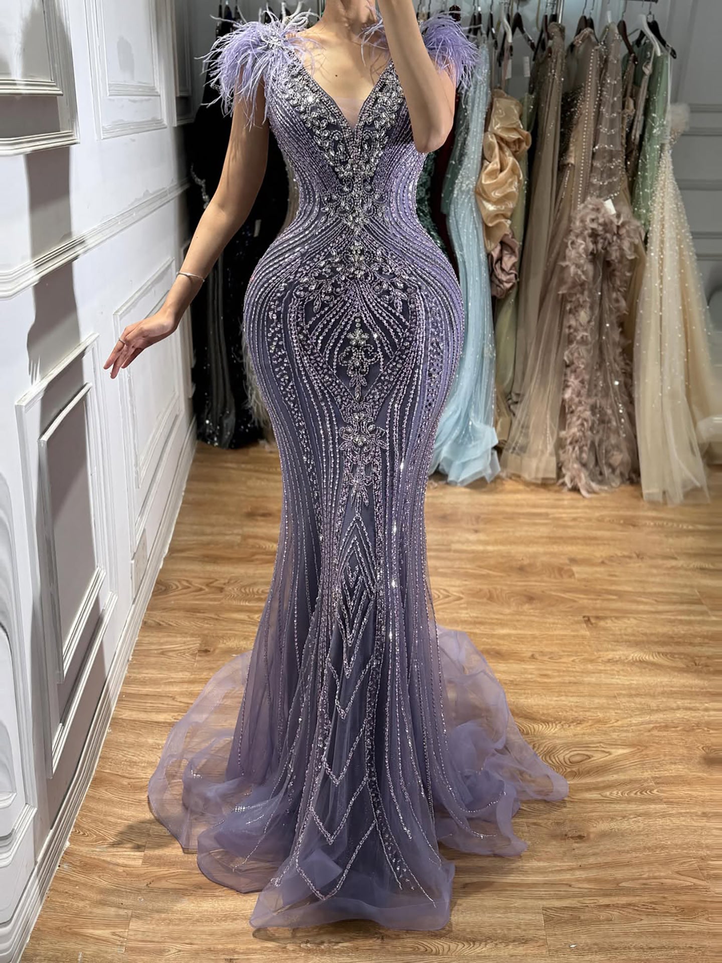 Luxury Purple Crystal Beaded Mermaid Dress with Feathers LA73098A