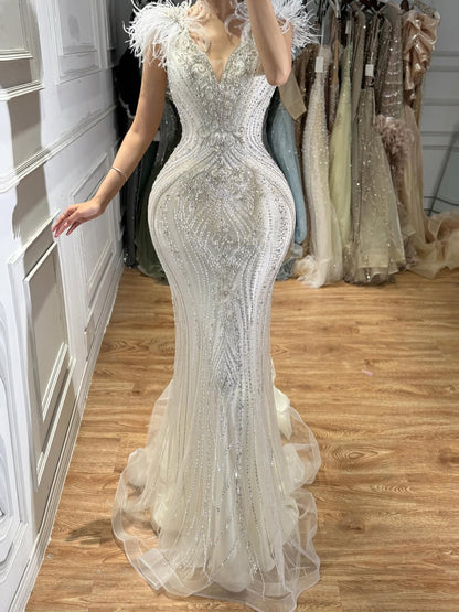 Luxury Purple Crystal Beaded Mermaid Dress with Feathers LA73098A