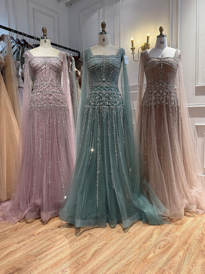 Luxury Pink Crystal Beaded Cape Sleeves A Line Evening Dress LA73089C