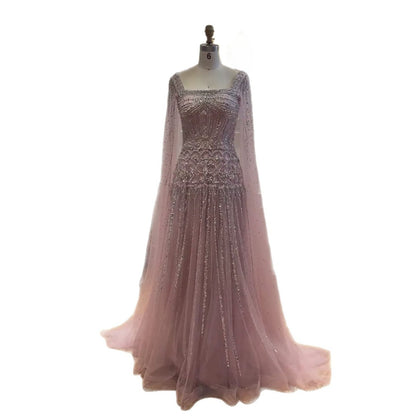 Luxury Pink Crystal Beaded Cape Sleeves A Line Evening Dress LA73089C