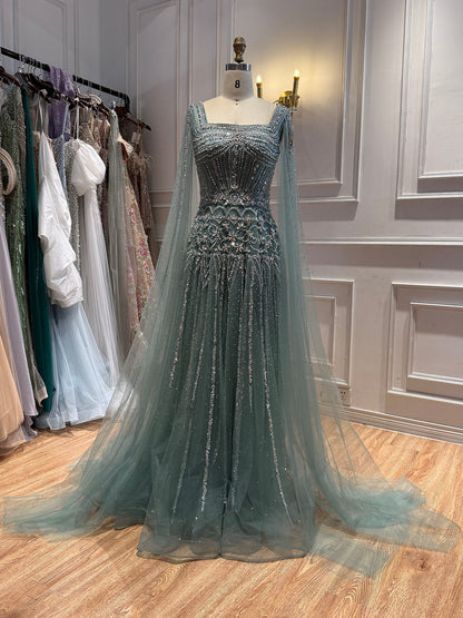 Luxury Pink Crystal Beaded Cape Sleeves A Line Evening Dress LA73089C