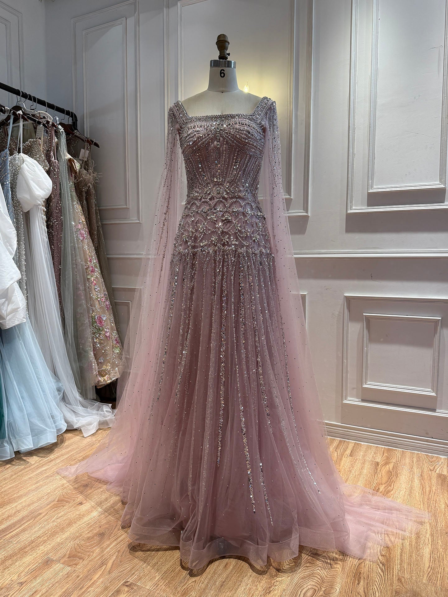 Luxury Pink Crystal Beaded Cape Sleeves A Line Evening Dress LA73089C
