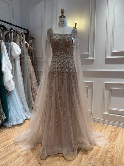 Luxury Pink Crystal Beaded Cape Sleeves A Line Evening Dress LA73089C