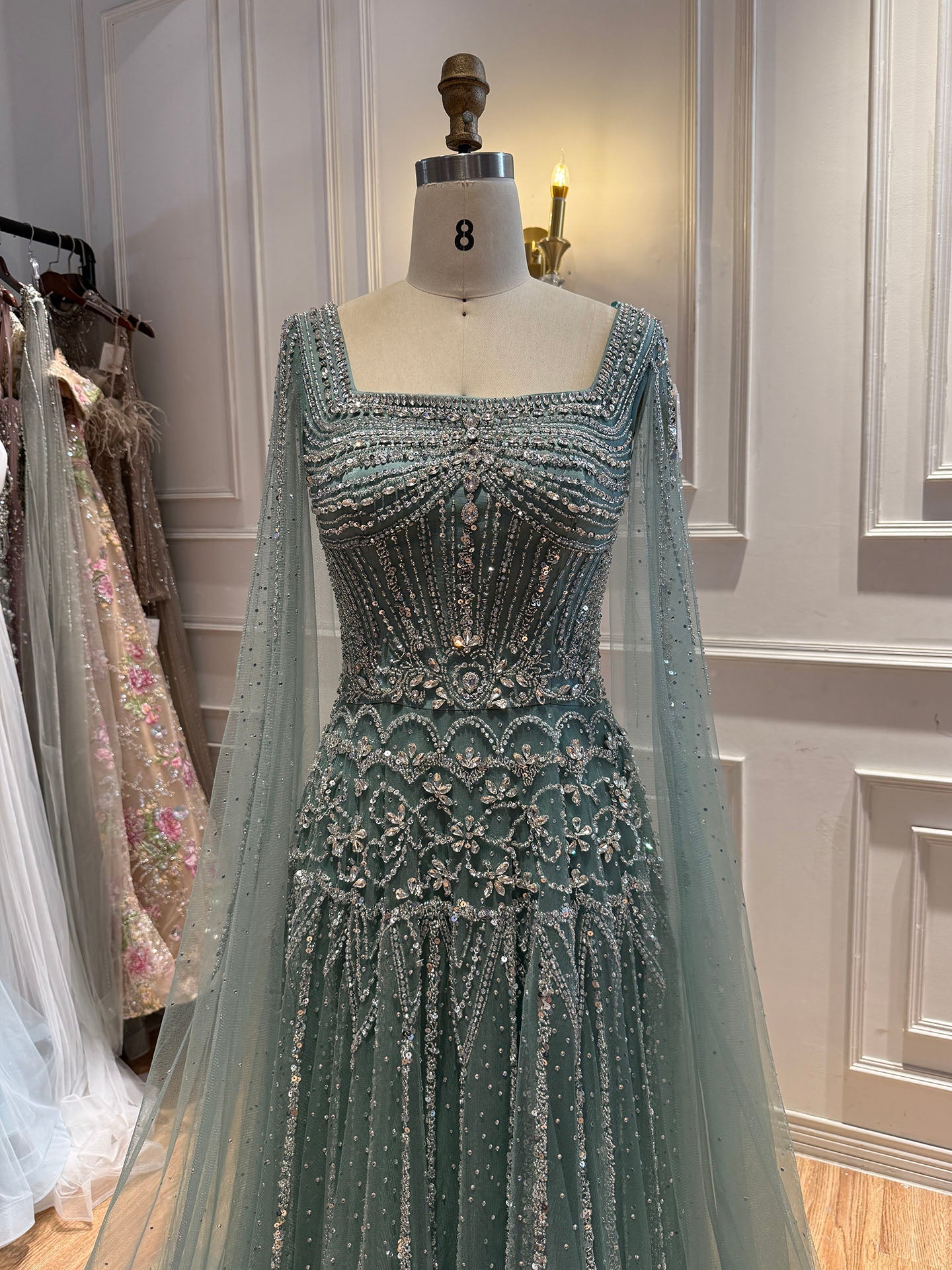 Luxury Pink Crystal Beaded Cape Sleeves A Line Evening Dress LA73089C