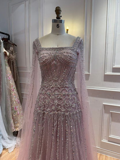 Luxury Pink Crystal Beaded Cape Sleeves A Line Evening Dress LA73089C