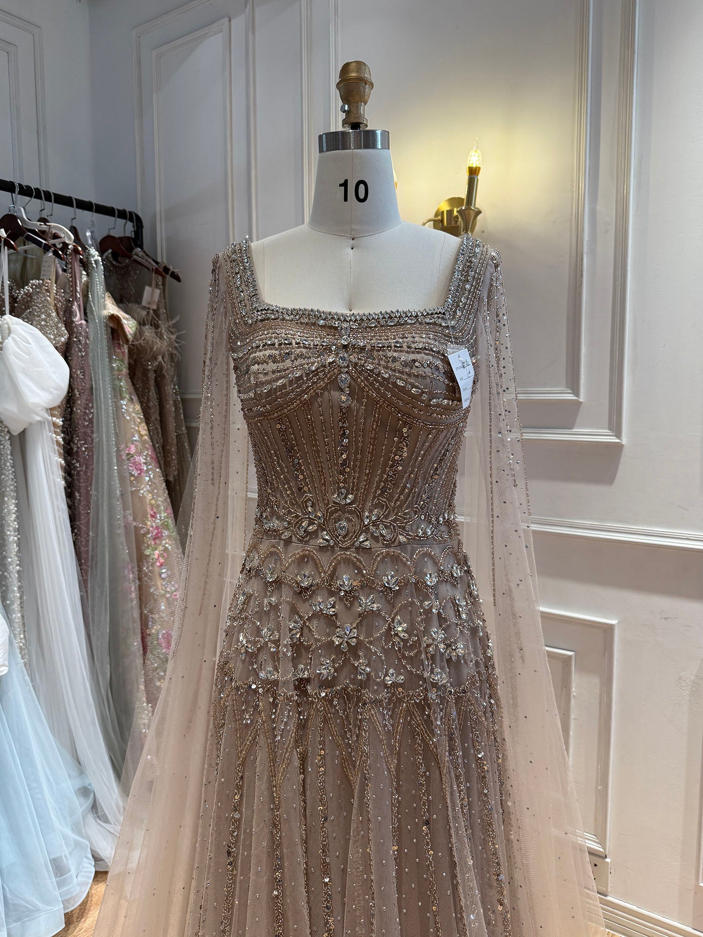 Luxury Pink Crystal Beaded Cape Sleeves A Line Evening Dress LA73089C