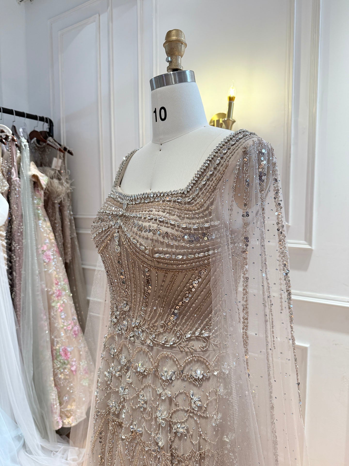 Luxury Pink Crystal Beaded Cape Sleeves A Line Evening Dress LA73089C