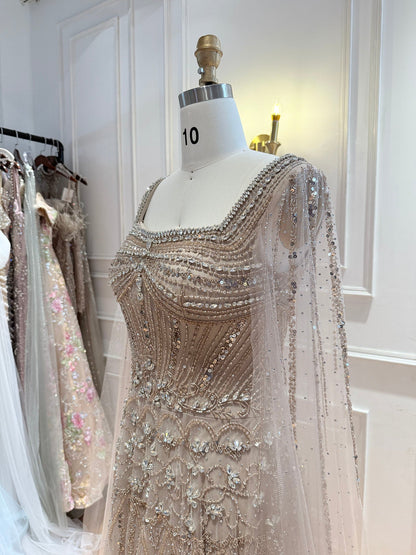 Luxury Pink Crystal Beaded Cape Sleeves A Line Evening Dress LA73089C