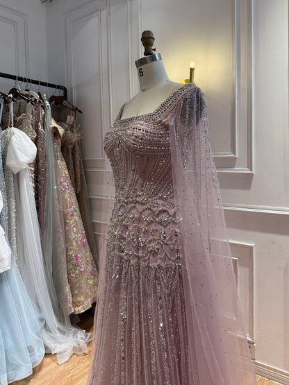 Luxury Pink Crystal Beaded Cape Sleeves A Line Evening Dress LA73089C