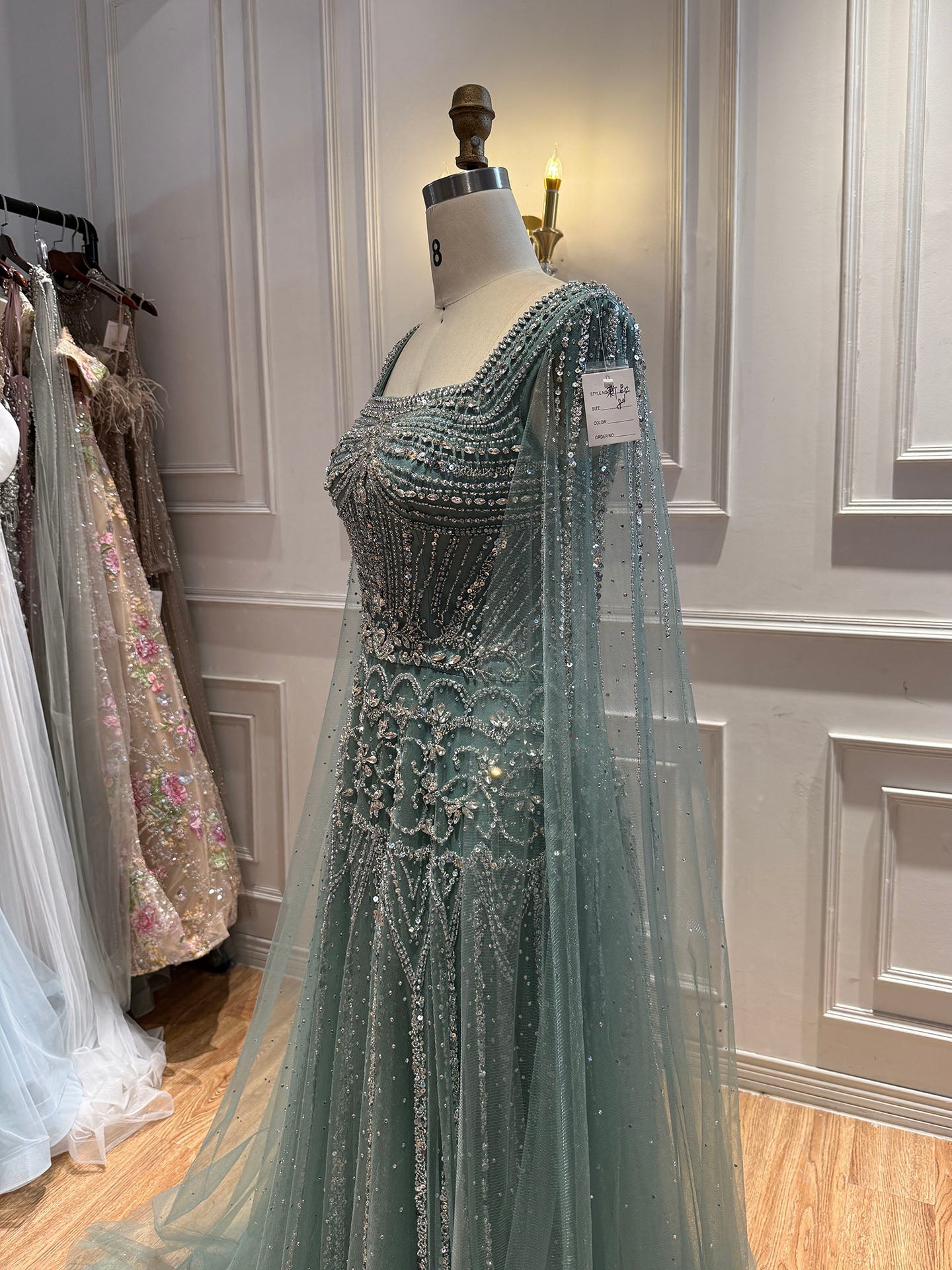 Luxury Pink Crystal Beaded Cape Sleeves A Line Evening Dress LA73089C