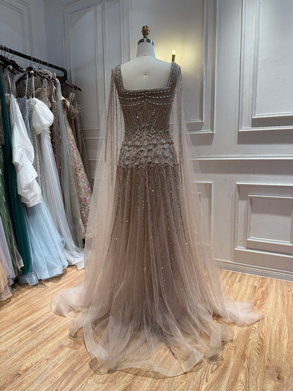 Luxury Pink Crystal Beaded Cape Sleeves A Line Evening Dress LA73089C
