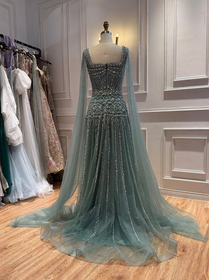 Luxury Pink Crystal Beaded Cape Sleeves A Line Evening Dress LA73089C