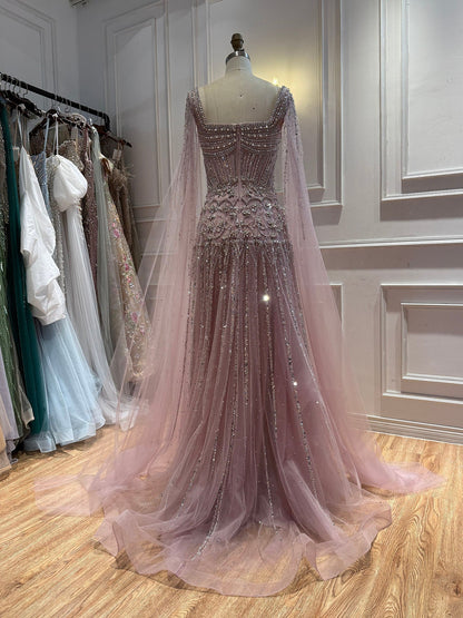 Luxury Pink Crystal Beaded Cape Sleeves A Line Evening Dress LA73089C