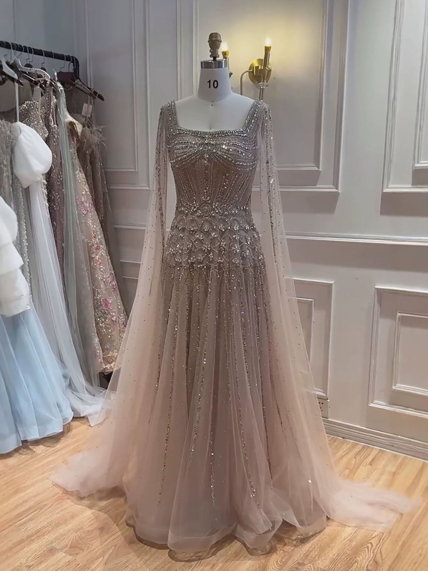 Luxury Pink Crystal Beaded Cape Sleeves A Line Evening Dress LA73089C