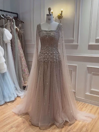 Luxury Pink Crystal Beaded Cape Sleeves A Line Evening Dress LA73089C