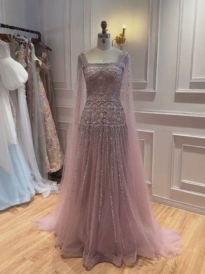 Luxury Pink Crystal Beaded Cape Sleeves A Line Evening Dress LA73089C
