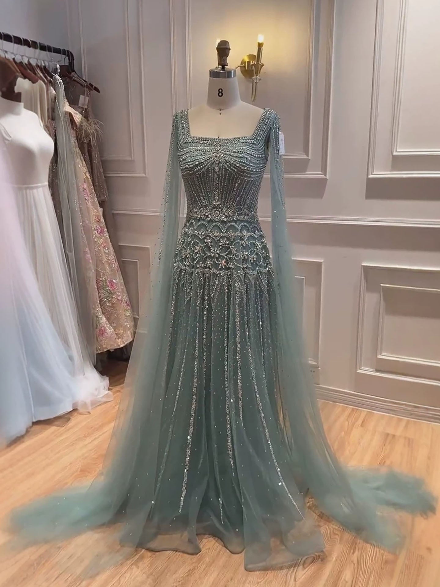 Luxury Pink Crystal Beaded Cape Sleeves A Line Evening Dress LA73089C