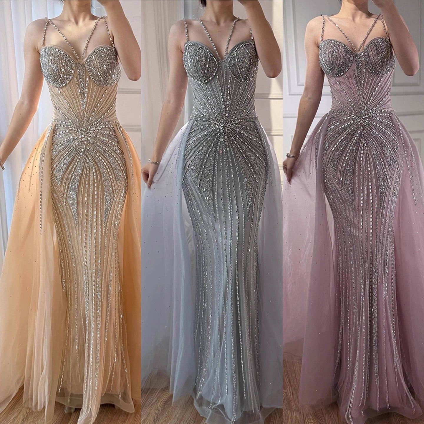 Luxury Nude Spaghetti Strap Mermaid Evening Dress with Overskirt Beaded LA73090A
