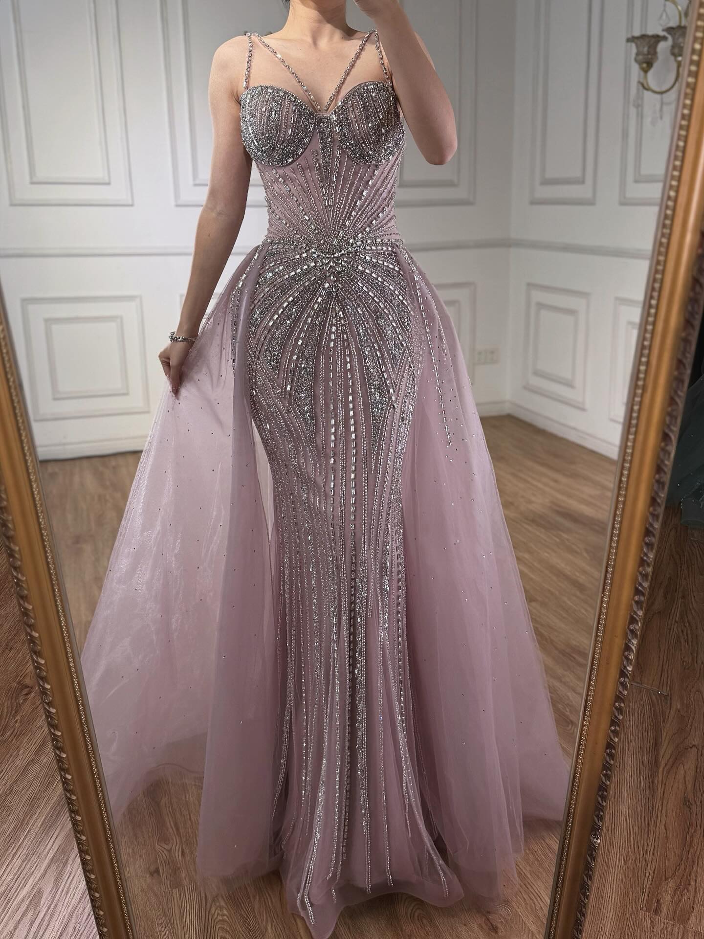 Luxury Nude Spaghetti Strap Mermaid Evening Dress with Overskirt Beaded LA73090A