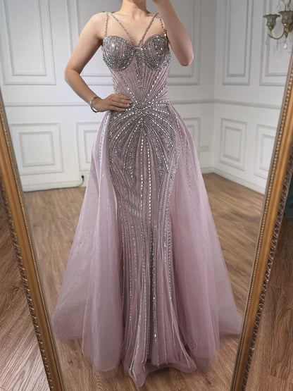 Luxury Nude Spaghetti Strap Mermaid Evening Dress with Overskirt Beaded LA73090A