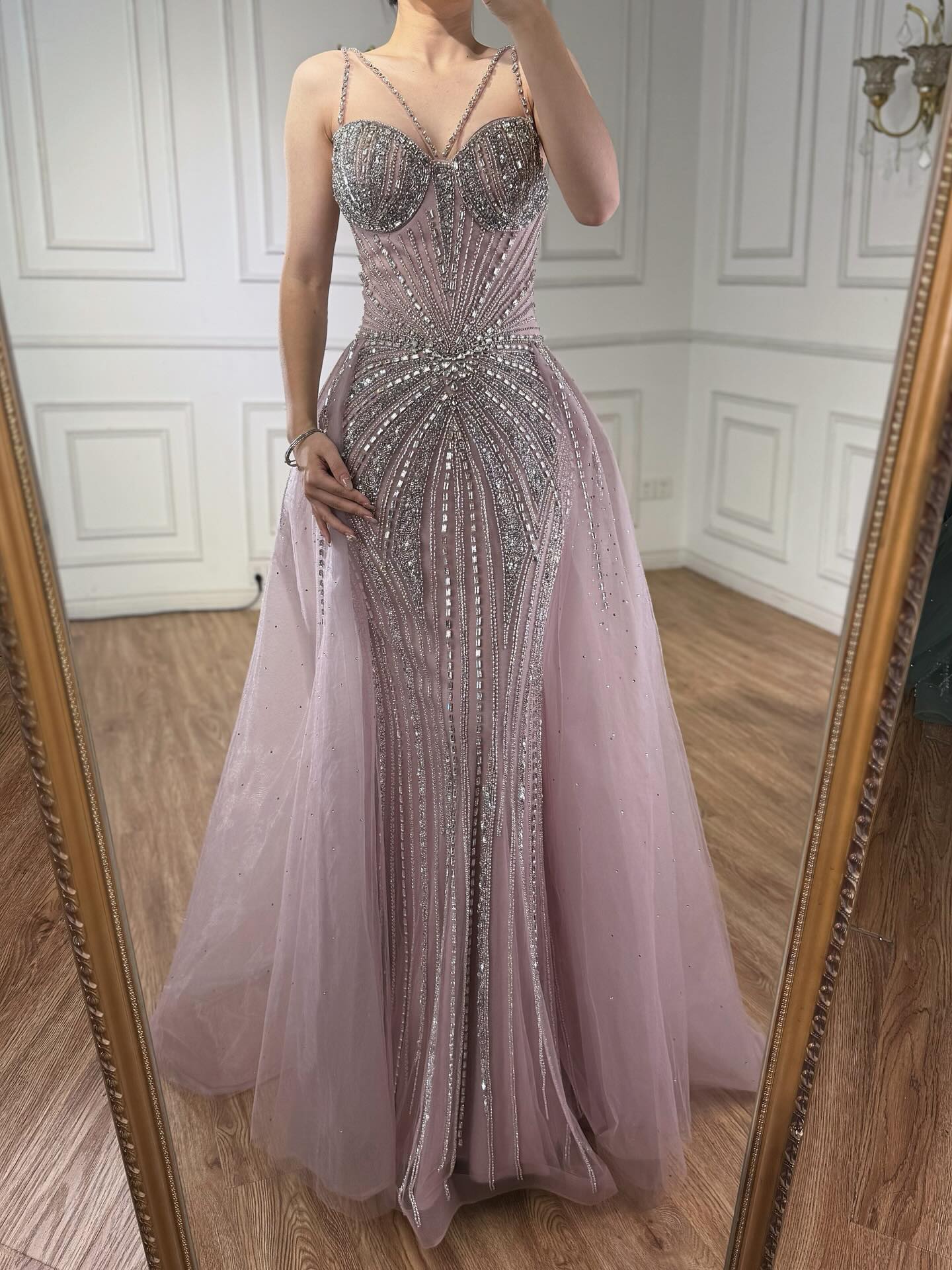 Luxury Nude Spaghetti Strap Mermaid Evening Dress with Overskirt Beaded LA73090A